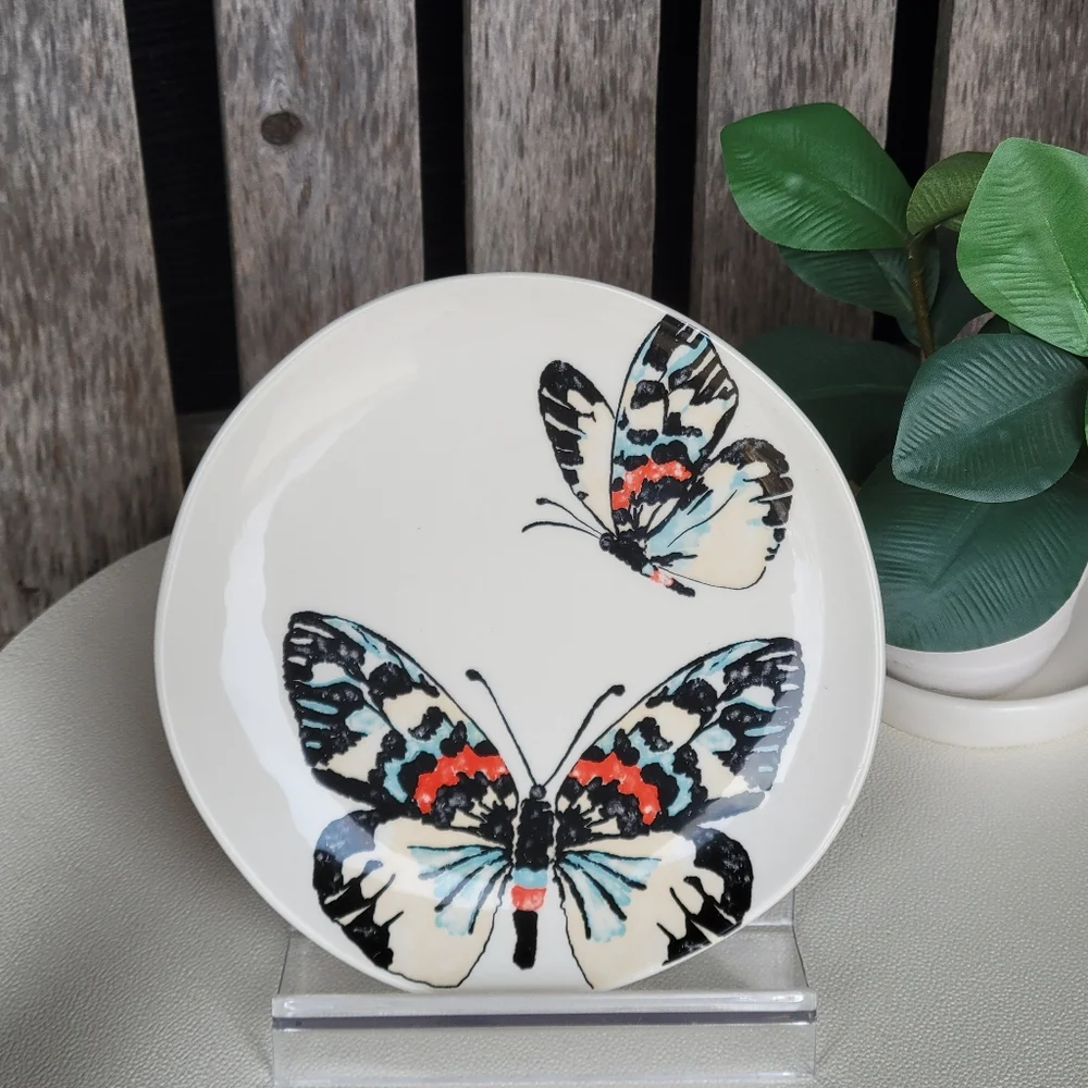 Butterfly Design Ceramic Plate: Black, Red, Blue -TAG